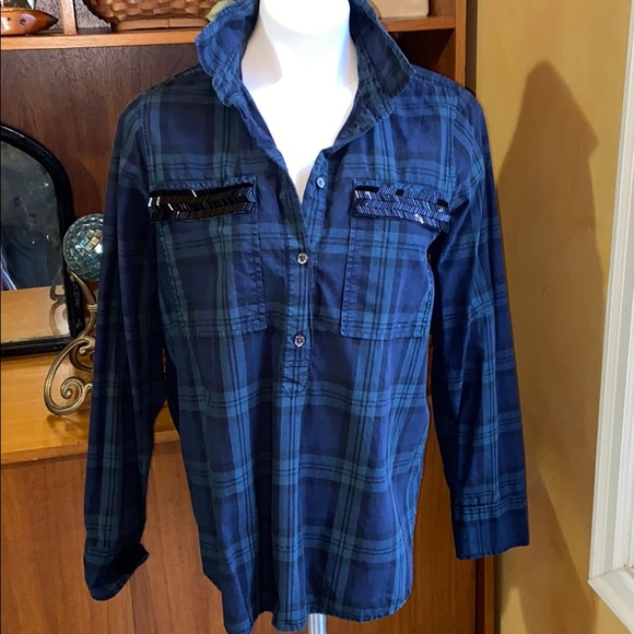 J. Crew Tops - J CREW GREEN PLAID PULLOVER TUNIC BEADED POCKETS